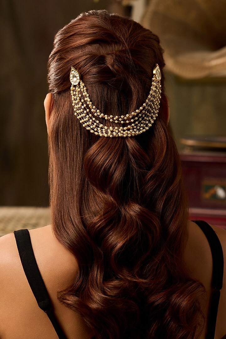Gold Finish Kundan Polki & Pearl Braid Pin by Paisley Pop at Pernia's Pop Up Shop