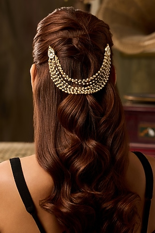 Gold Finish Kundan Polki & Pearl Braid Pin by Paisley Pop