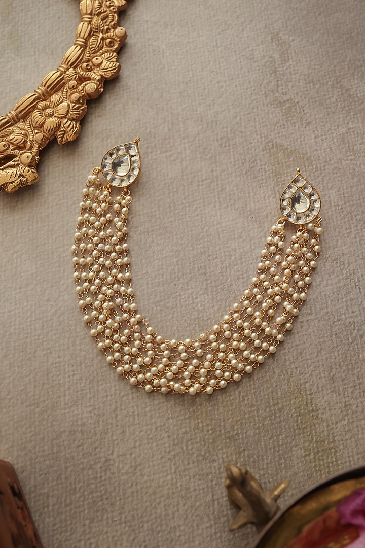 Gold Finish Kundan Polki & Pearl Braid Pin by Paisley Pop at Pernia's Pop Up Shop