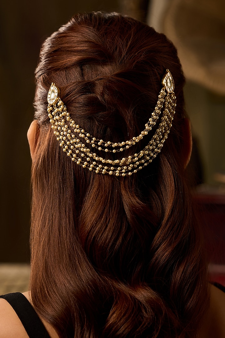 Gold Finish Kundan Polki & Pearl Braid Pin by Paisley Pop at Pernia's Pop Up Shop