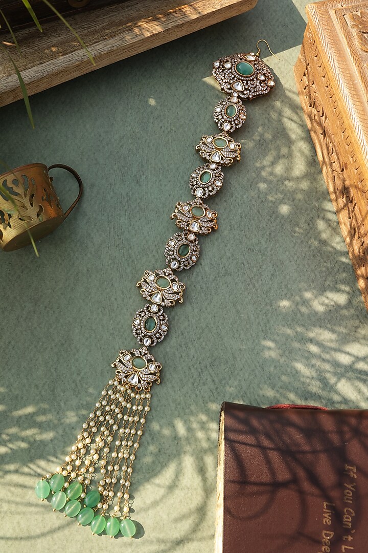 Gold Finish Green Jadau Stone Braid Pin by Paisley Pop at Pernia's Pop Up Shop