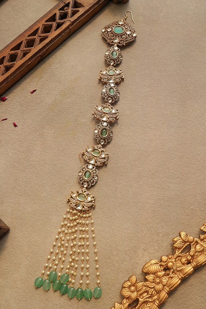 Gold Finish Green Jadau Stone Braid Pin by Paisley Pop at Pernia's Pop Up Shop