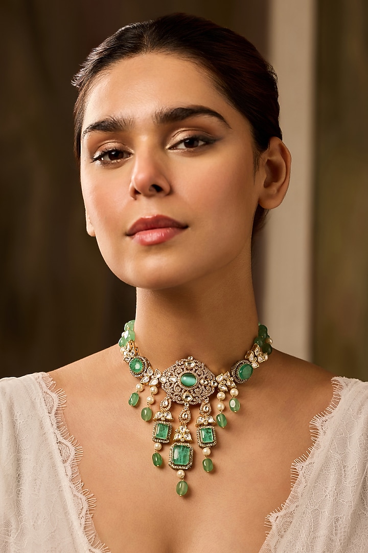 Gold Finish Kundan Polki & Natural Stone Necklace by Paisley Pop at Pernia's Pop Up Shop