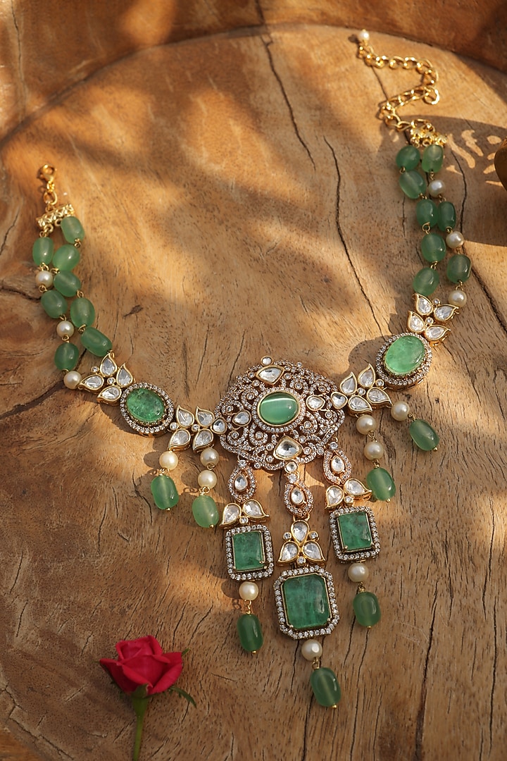 Gold Finish Kundan Polki & Natural Stone Necklace by Paisley Pop at Pernia's Pop Up Shop