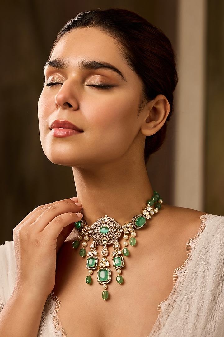 Gold Finish Kundan Polki & Natural Stone Necklace by Paisley Pop at Pernia's Pop Up Shop