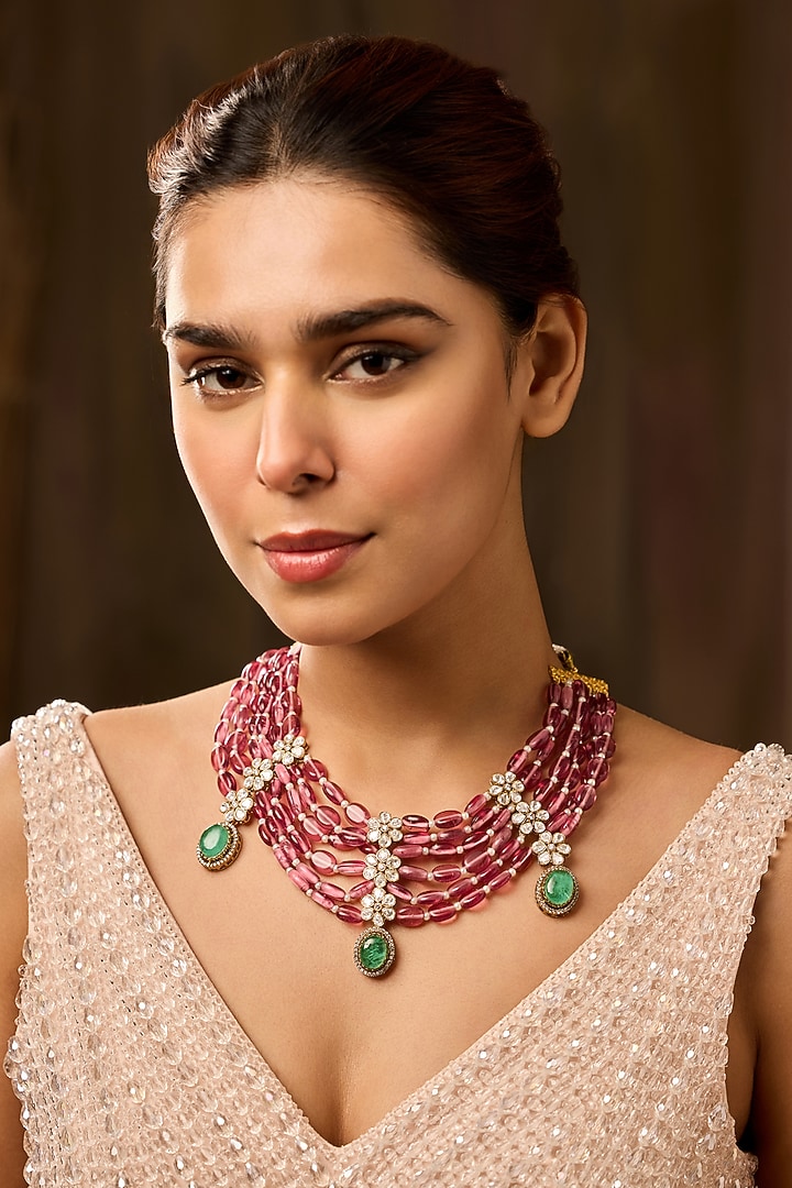 Gold Finish Kundan Polki & Pink Fluorite Beaded Necklace by Paisley Pop at Pernia's Pop Up Shop