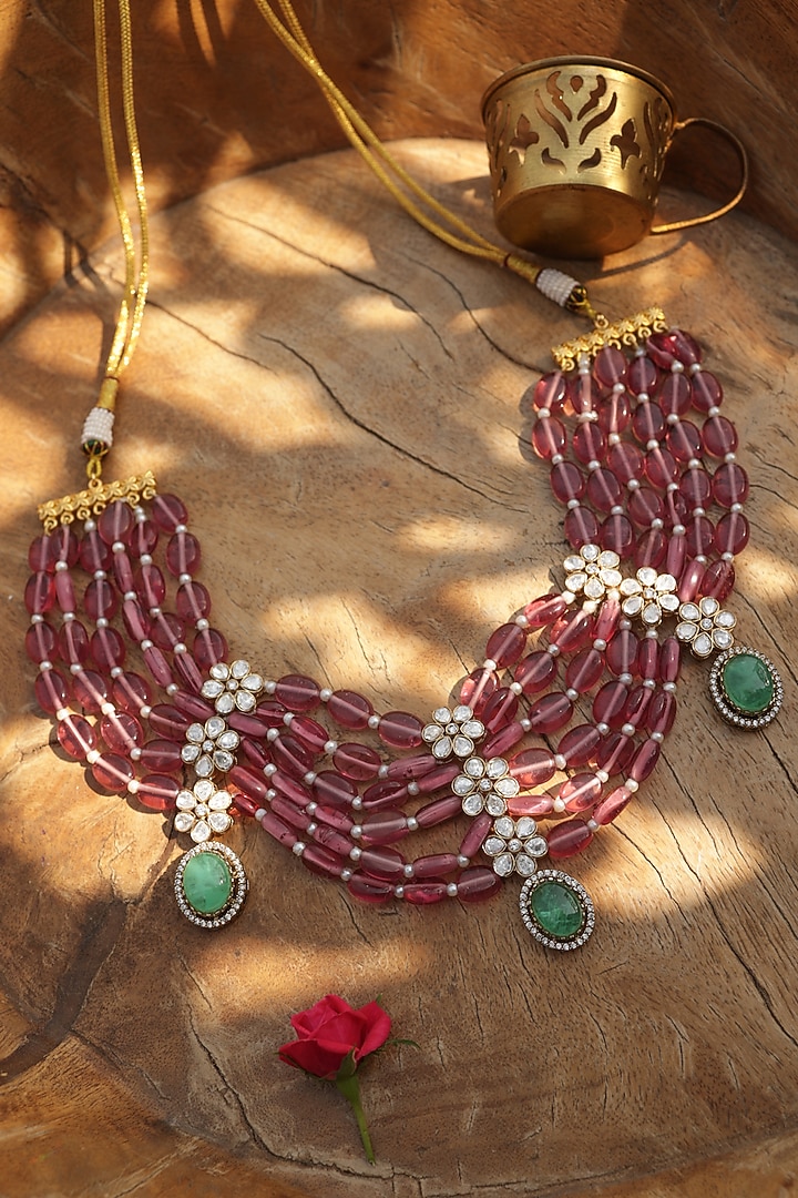 Gold Finish Kundan Polki & Pink Fluorite Beaded Necklace by Paisley Pop at Pernia's Pop Up Shop