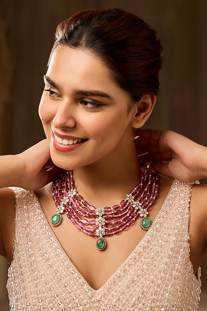 Gold Finish Kundan Polki & Pink Fluorite Beaded Necklace by Paisley Pop at Pernia's Pop Up Shop