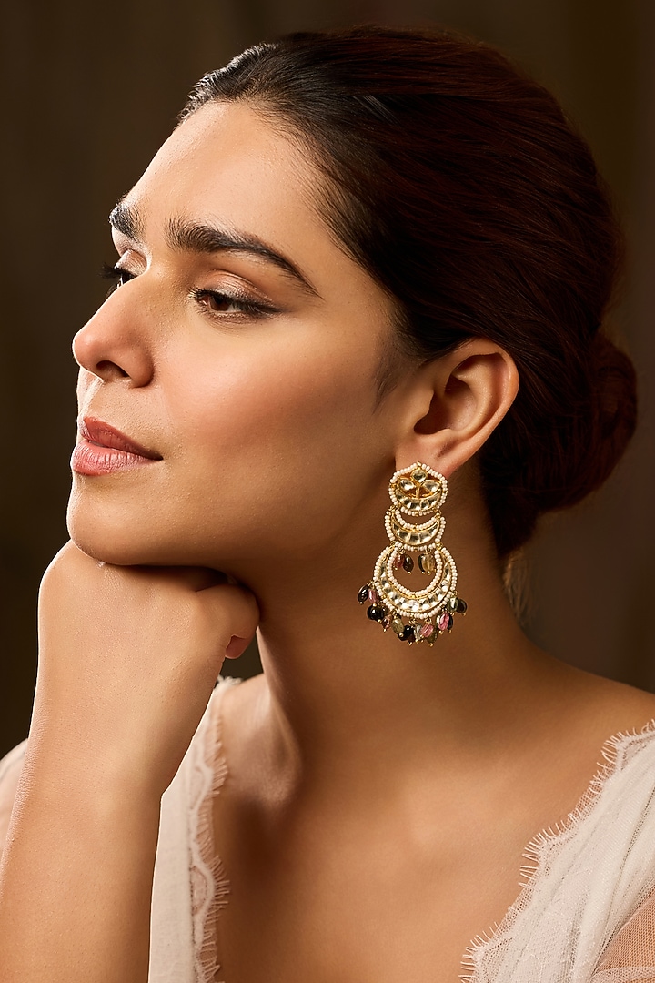 Gold Finish Kundan Polki & Multi-Colored Tourmaline Stone Dangler Earrings by Paisley Pop at Pernia's Pop Up Shop