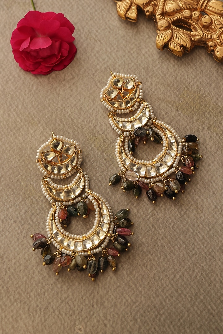 Gold Finish Kundan Polki & Multi-Colored Tourmaline Stone Dangler Earrings by Paisley Pop at Pernia's Pop Up Shop