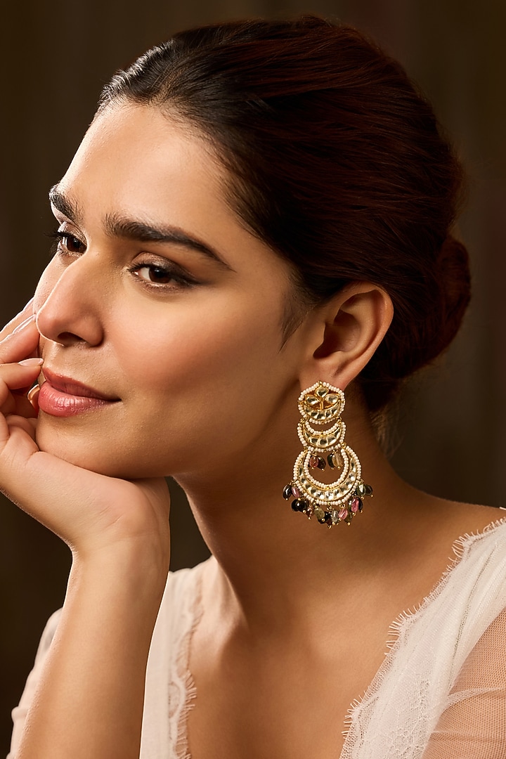 Gold Finish Kundan Polki & Multi-Colored Tourmaline Stone Dangler Earrings by Paisley Pop at Pernia's Pop Up Shop