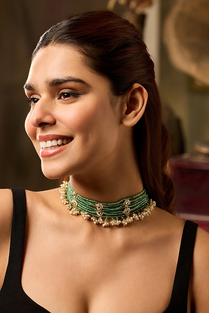 Gold Finish Kundan Polki & Green Onyx Choker Necklace by Paisley Pop at Pernia's Pop Up Shop