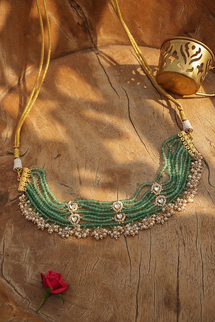 Gold Finish Kundan Polki & Green Onyx Choker Necklace by Paisley Pop at Pernia's Pop Up Shop