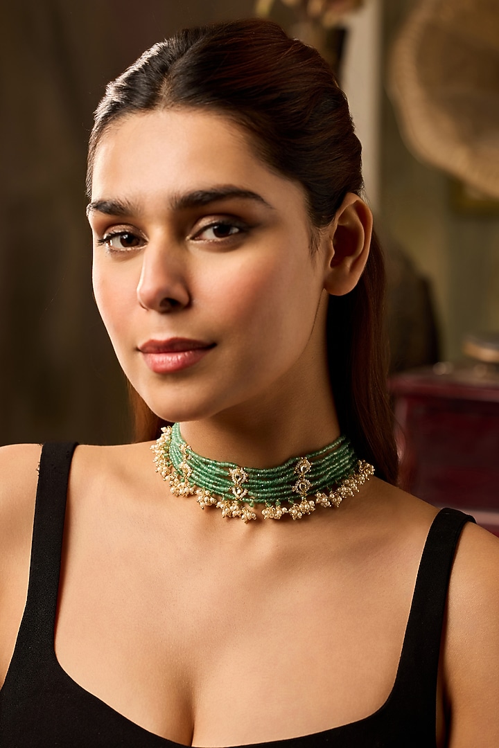 Gold Finish Kundan Polki & Green Onyx Choker Necklace by Paisley Pop at Pernia's Pop Up Shop