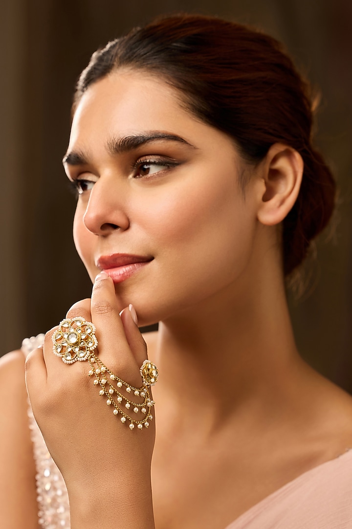 Gold Finish Kundan Polki & Pearl Adjustable Ring by Paisley Pop at Pernia's Pop Up Shop