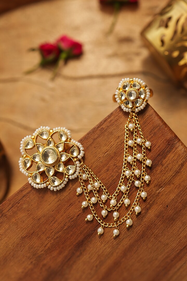 Gold Finish Kundan Polki & Pearl Adjustable Ring by Paisley Pop at Pernia's Pop Up Shop
