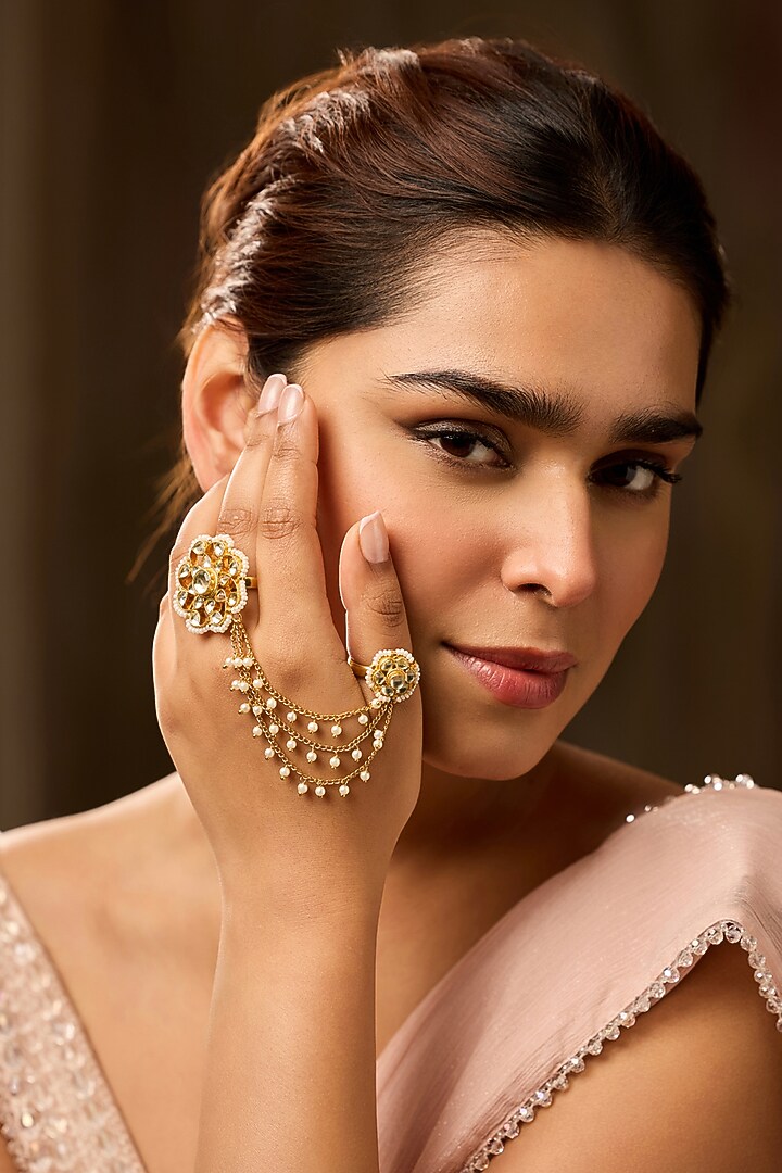 Gold Finish Kundan Polki & Pearl Adjustable Ring by Paisley Pop at Pernia's Pop Up Shop