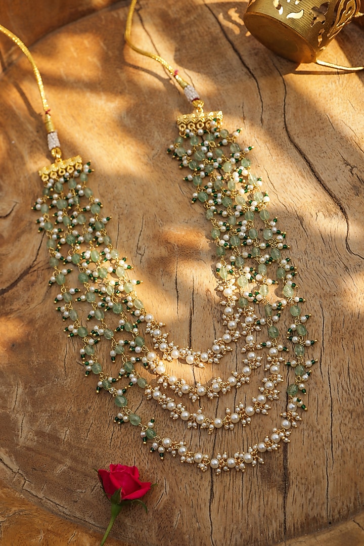 Gold Finish Kundan Polki & Mint Fluorite Stone Layered Necklace by Paisley Pop at Pernia's Pop Up Shop