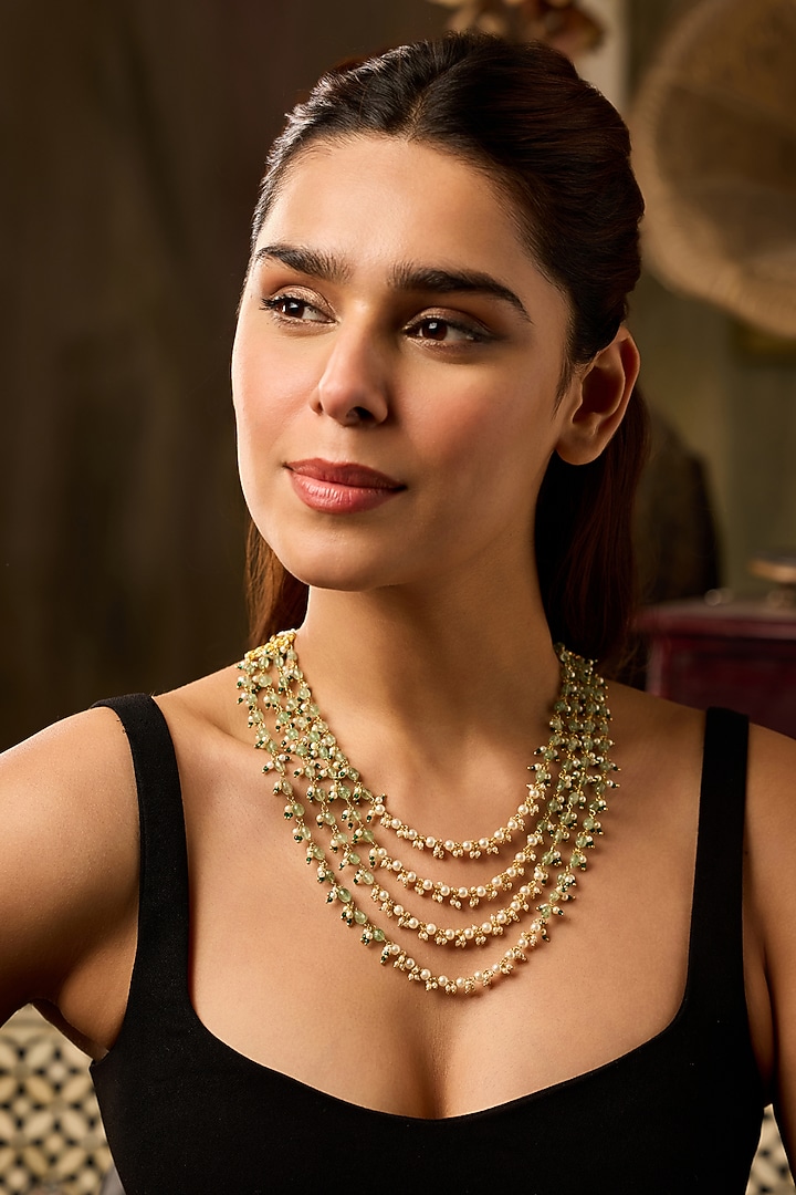 Gold Finish Kundan Polki & Mint Fluorite Stone Layered Necklace by Paisley Pop at Pernia's Pop Up Shop