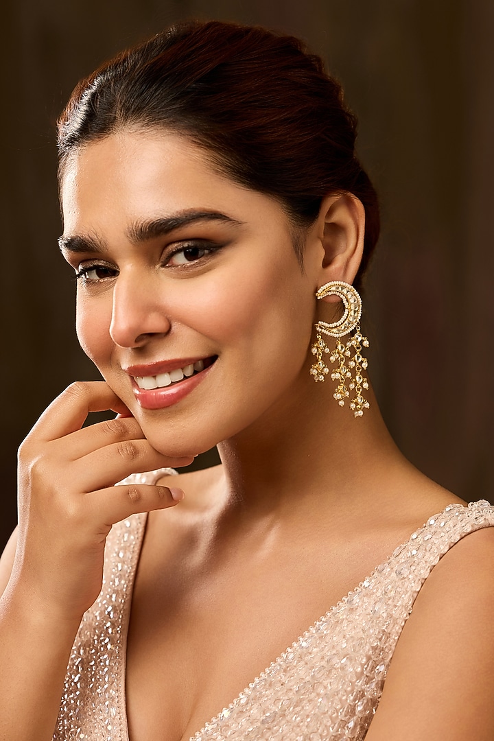Gold Finish Kundan Polki & Pearl Drop Dangler Earrings by Paisley Pop at Pernia's Pop Up Shop