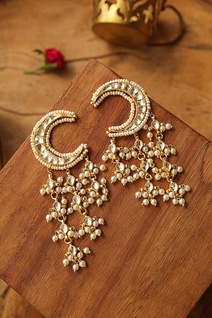 Gold Finish Kundan Polki & Pearl Drop Dangler Earrings by Paisley Pop at Pernia's Pop Up Shop