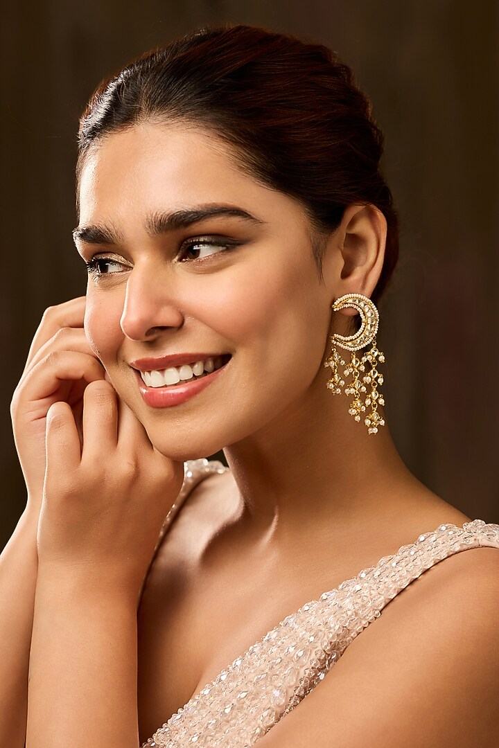 Gold Finish Kundan Polki & Pearl Drop Dangler Earrings by Paisley Pop at Pernia's Pop Up Shop