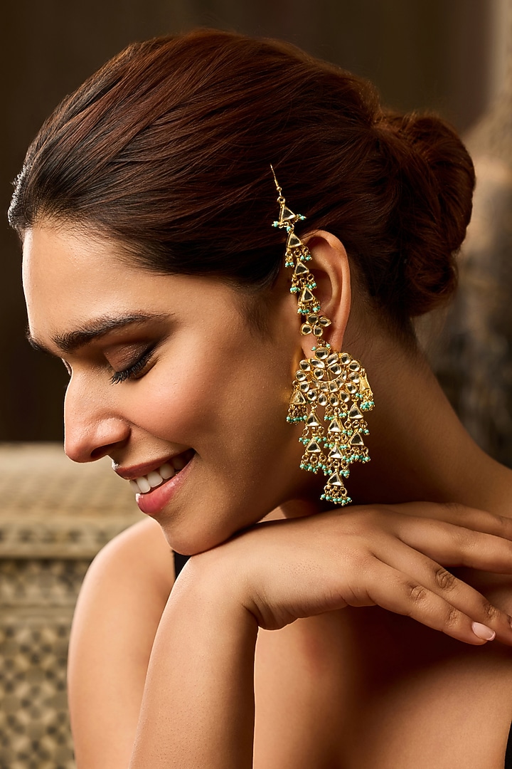Gold Finish Kundan Polki & Trquoise Beaded Dangler Earrings by Paisley Pop at Pernia's Pop Up Shop