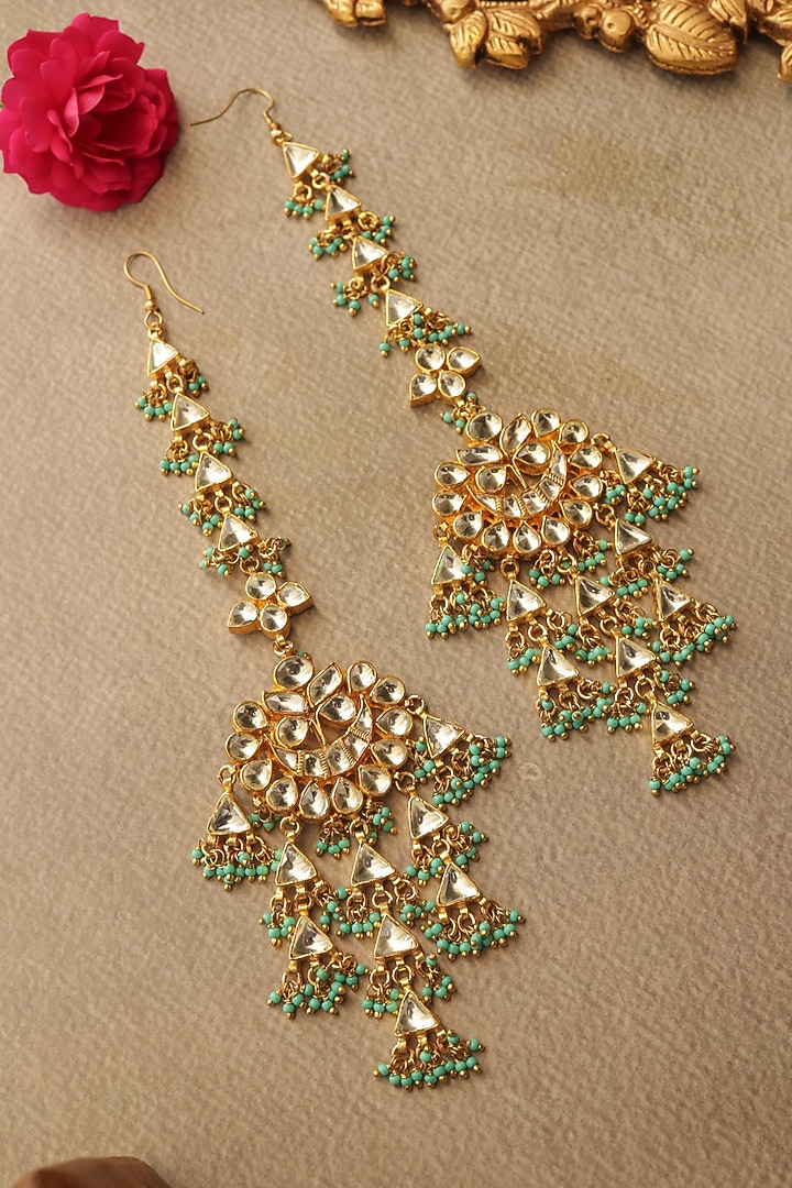 Gold Finish Kundan Polki & Trquoise Beaded Dangler Earrings by Paisley Pop at Pernia's Pop Up Shop
