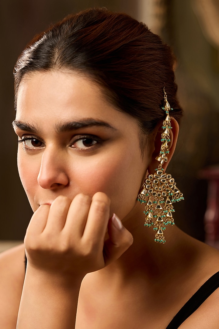Gold Finish Kundan Polki & Trquoise Beaded Dangler Earrings by Paisley Pop at Pernia's Pop Up Shop