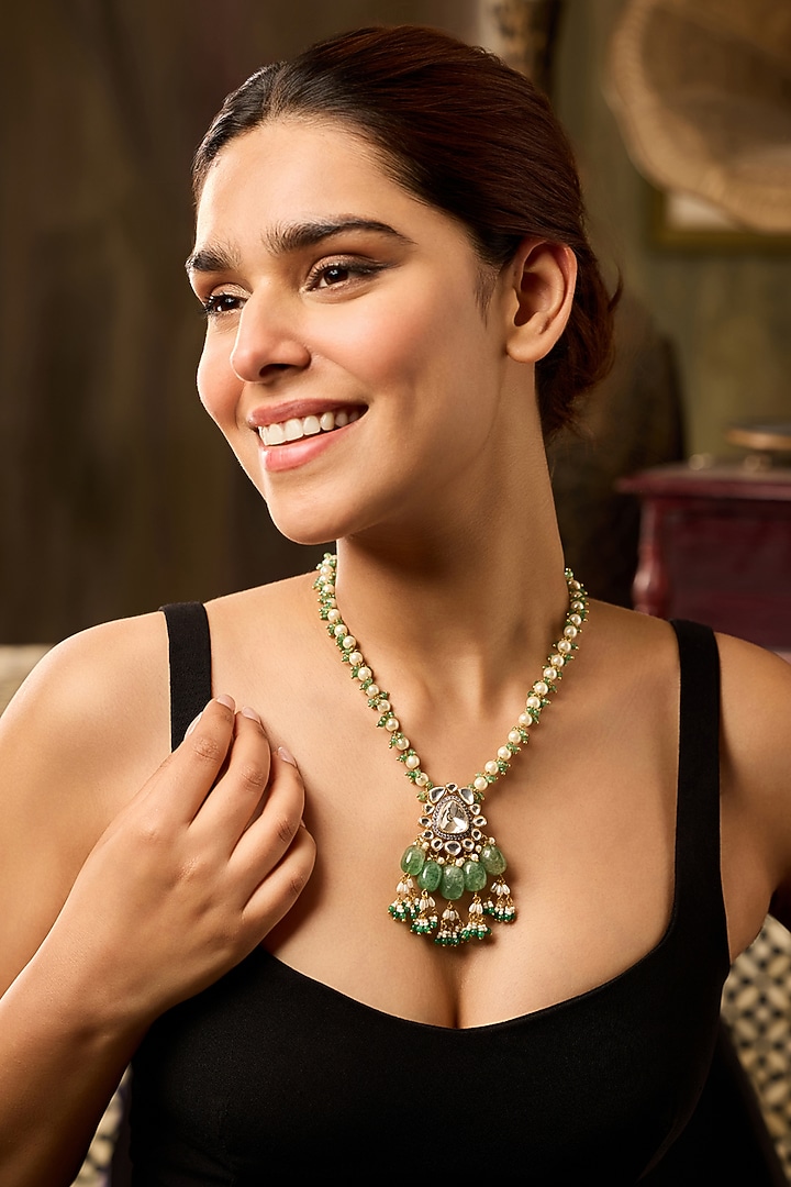 Gold Finish Pearl & Mint Green Stone Pendant Necklace by Paisley Pop at Pernia's Pop Up Shop