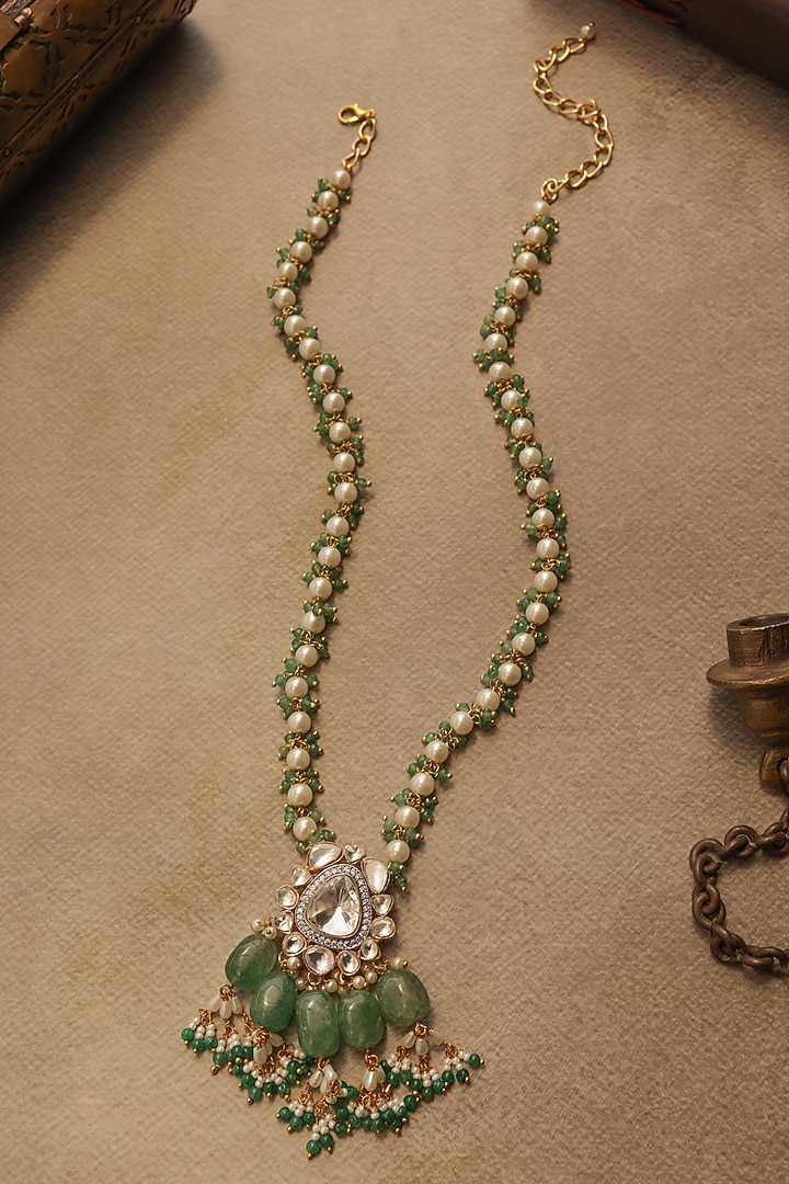 Gold Finish Pearl & Mint Green Stone Pendant Necklace by Paisley Pop at Pernia's Pop Up Shop