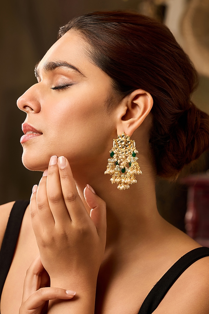 Gold Finish Kundan Polki & Shell Pearl Jhumka Earrings by Paisley Pop at Pernia's Pop Up Shop