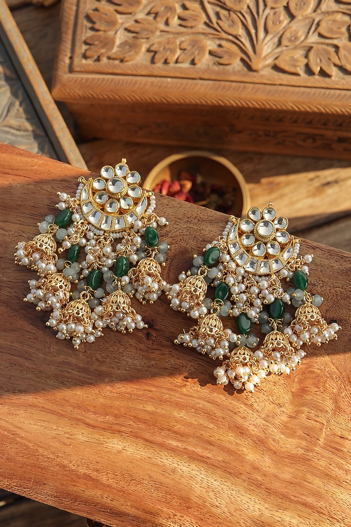 Gold Finish Kundan Polki & Shell Pearl Jhumka Earrings by Paisley Pop at Pernia's Pop Up Shop