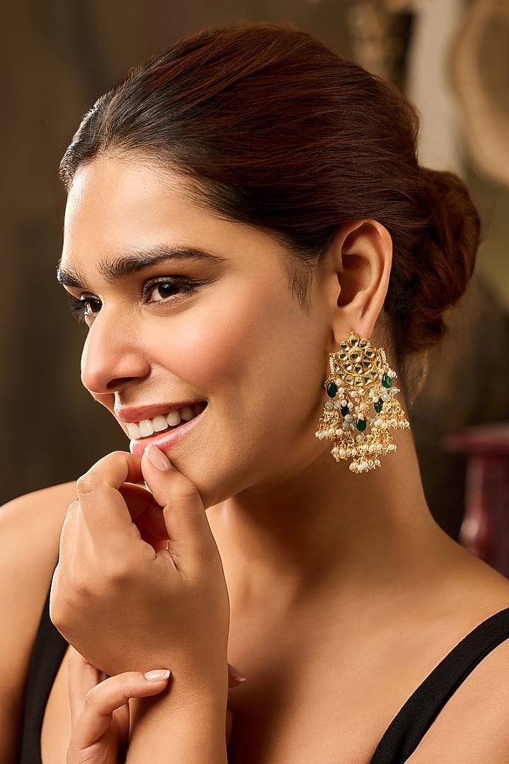 Gold Finish Kundan Polki & Shell Pearl Jhumka Earrings by Paisley Pop at Pernia's Pop Up Shop