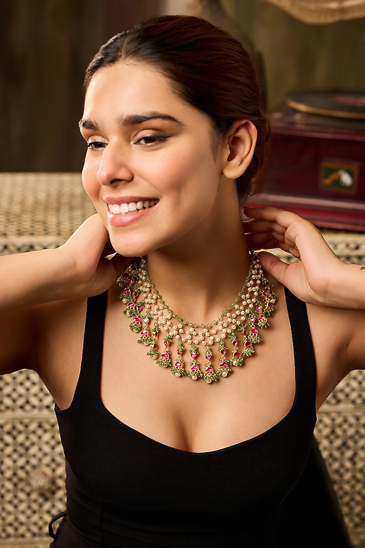 Gold Finish Kundan Polki & Green Onyx Necklace by Paisley Pop at Pernia's Pop Up Shop