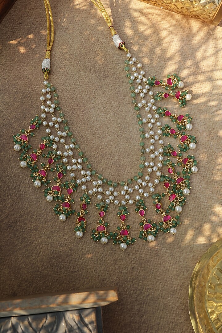 Gold Finish Kundan Polki & Green Onyx Necklace by Paisley Pop at Pernia's Pop Up Shop