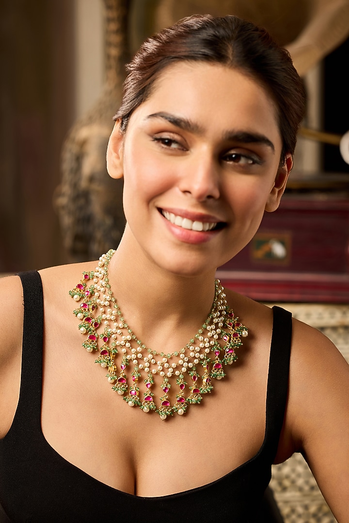 Gold Finish Kundan Polki & Green Onyx Necklace by Paisley Pop at Pernia's Pop Up Shop