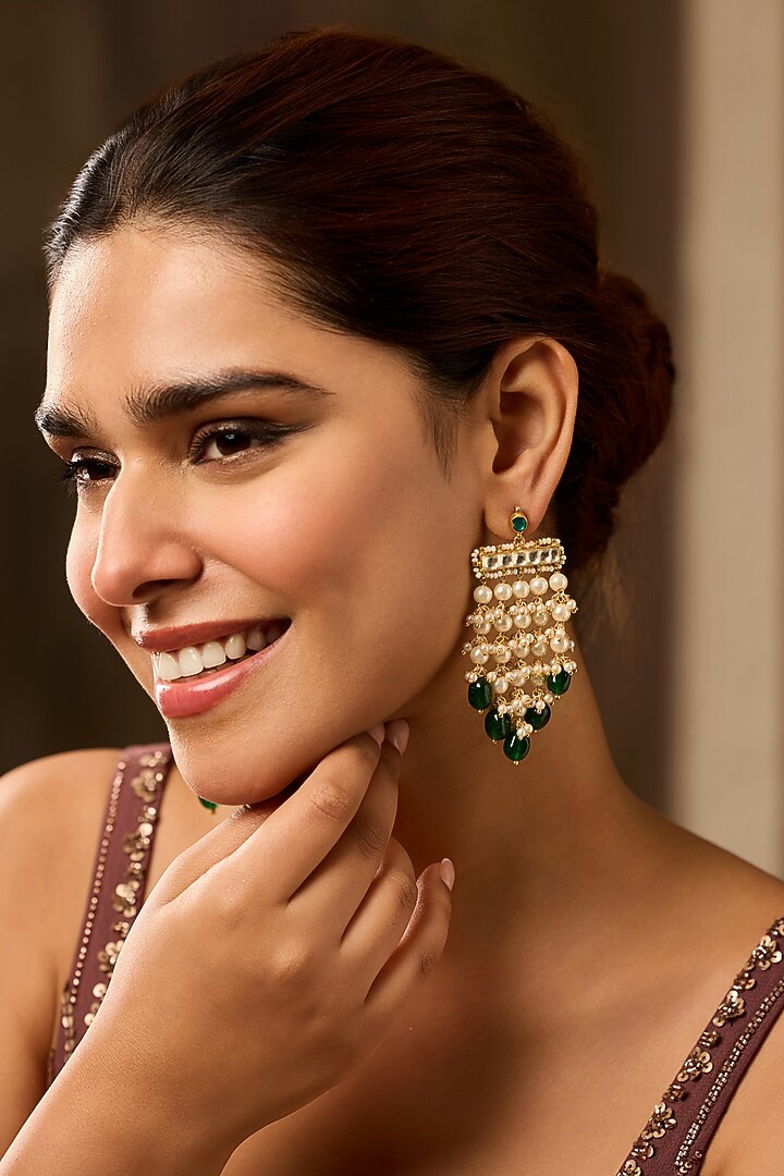 Gold Finish Pearl & Jade Green Drop Dangler Earrings by Paisley Pop at Pernia's Pop Up Shop
