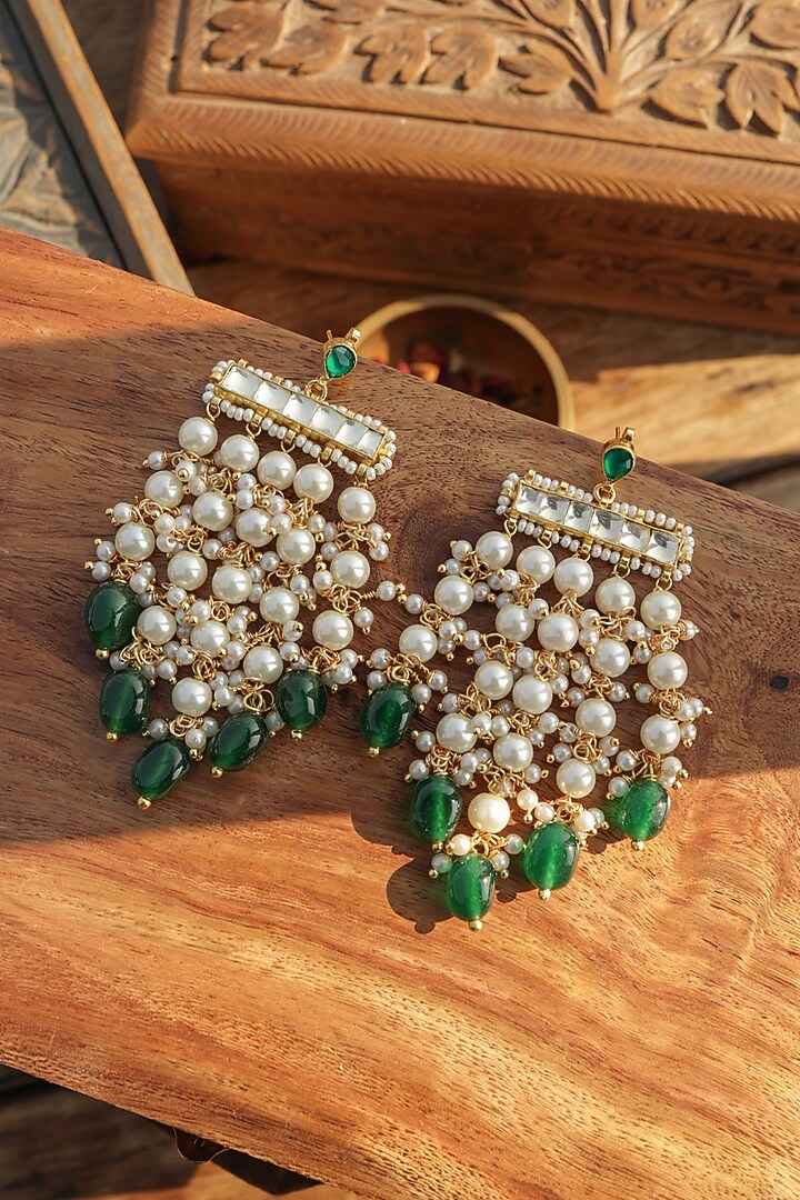 Gold Finish Pearl & Jade Green Drop Dangler Earrings by Paisley Pop at Pernia's Pop Up Shop