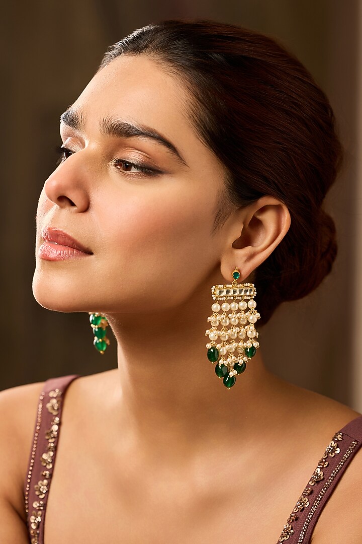 Gold Finish Pearl & Jade Green Drop Dangler Earrings by Paisley Pop at Pernia's Pop Up Shop