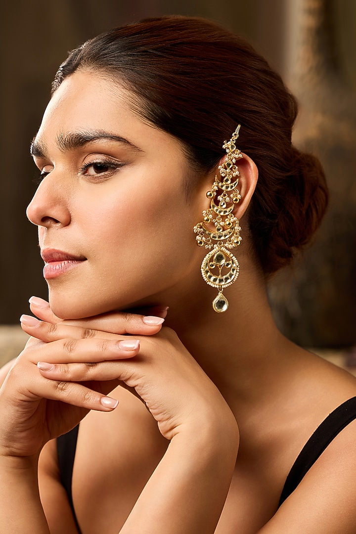 Gold Finish Kundan Polki & Pearl Dangler Earrings by Paisley Pop at Pernia's Pop Up Shop