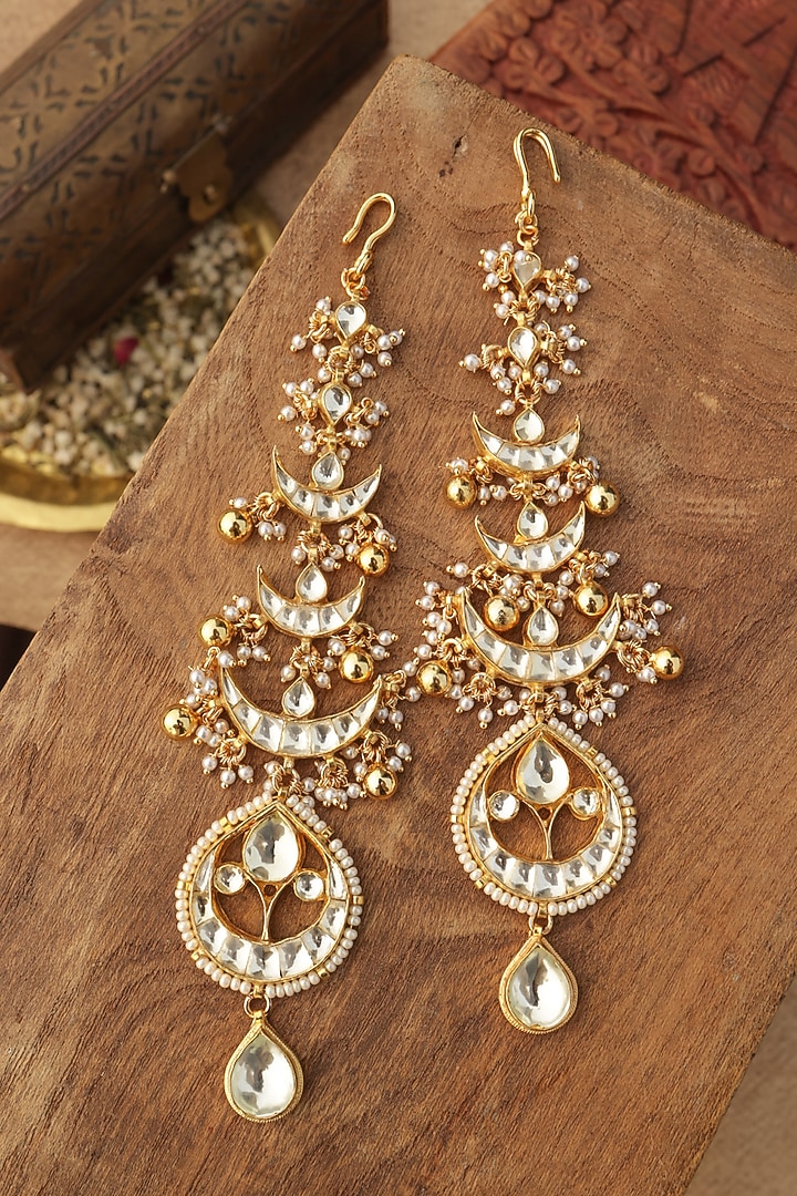 Gold Finish Kundan Polki & Pearl Dangler Earrings by Paisley Pop at Pernia's Pop Up Shop