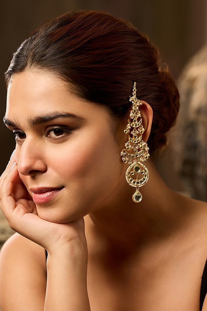 Gold Finish Kundan Polki & Pearl Dangler Earrings by Paisley Pop at Pernia's Pop Up Shop