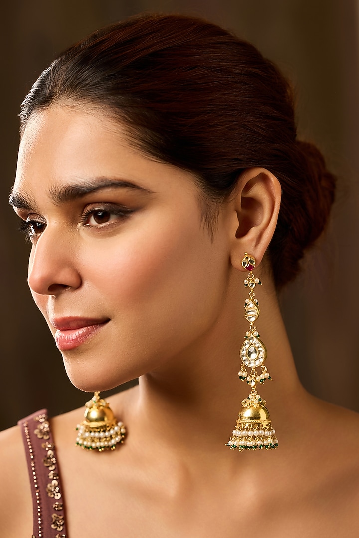 Gold Finish Kundan Polki Jhumka earrings by Paisley Pop at Pernia's Pop Up Shop
