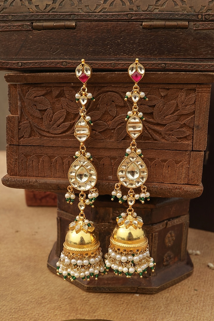 Gold Finish Kundan Polki Jhumka earrings by Paisley Pop at Pernia's Pop Up Shop