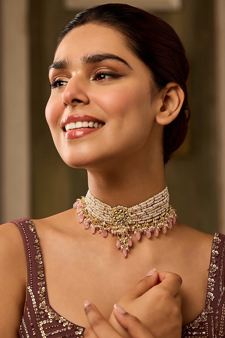 Gold Finish Kundan Polki & Pearl Necklace by Paisley Pop at Pernia's Pop Up Shop