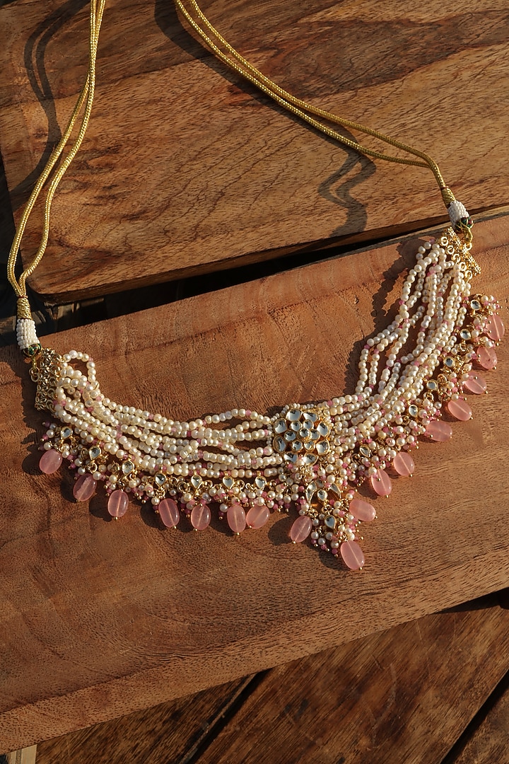 Gold Finish Kundan Polki & Pearl Necklace by Paisley Pop at Pernia's Pop Up Shop