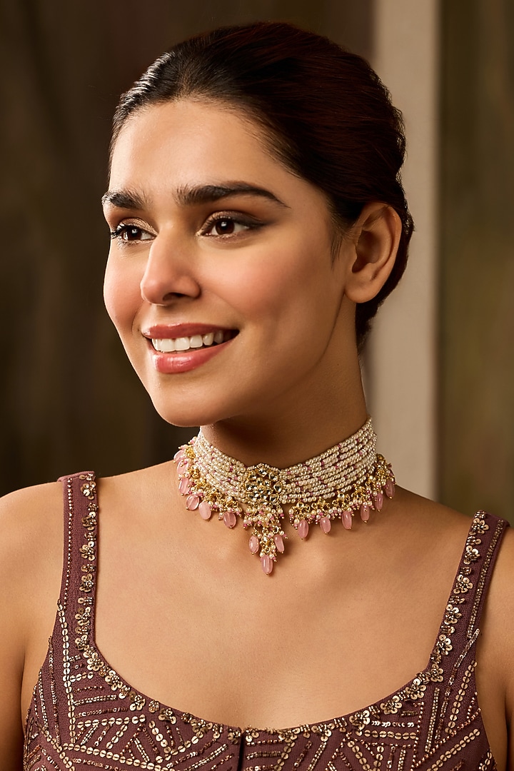 Gold Finish Kundan Polki & Pearl Necklace by Paisley Pop at Pernia's Pop Up Shop