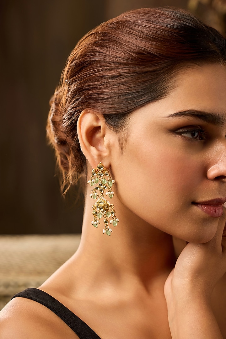 Gold Finish Kundan Polki & Pearl Dangler Earrings by Paisley Pop at Pernia's Pop Up Shop
