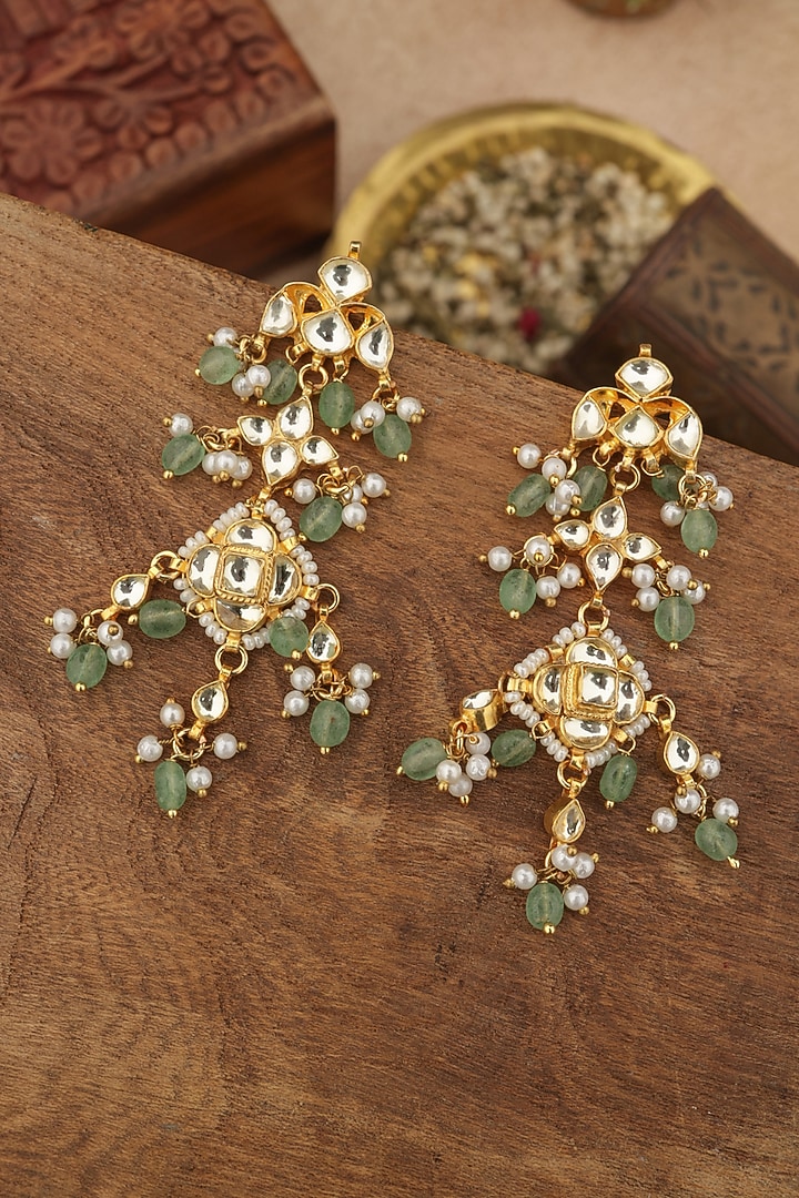 Gold Finish Kundan Polki & Pearl Dangler Earrings by Paisley Pop at Pernia's Pop Up Shop